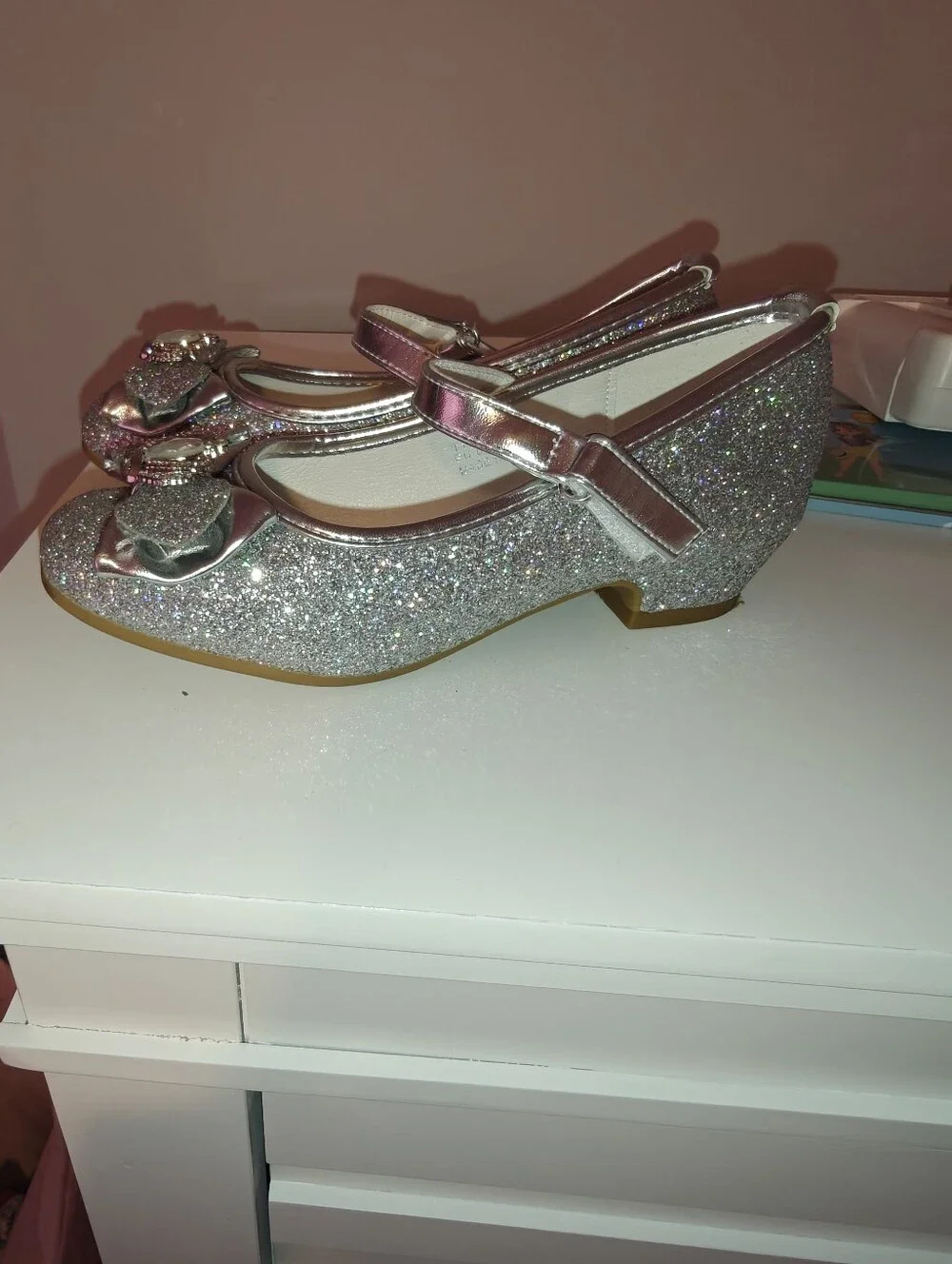 Kids Sparkle Mary Jane Shoes with Crown Accent - Silver